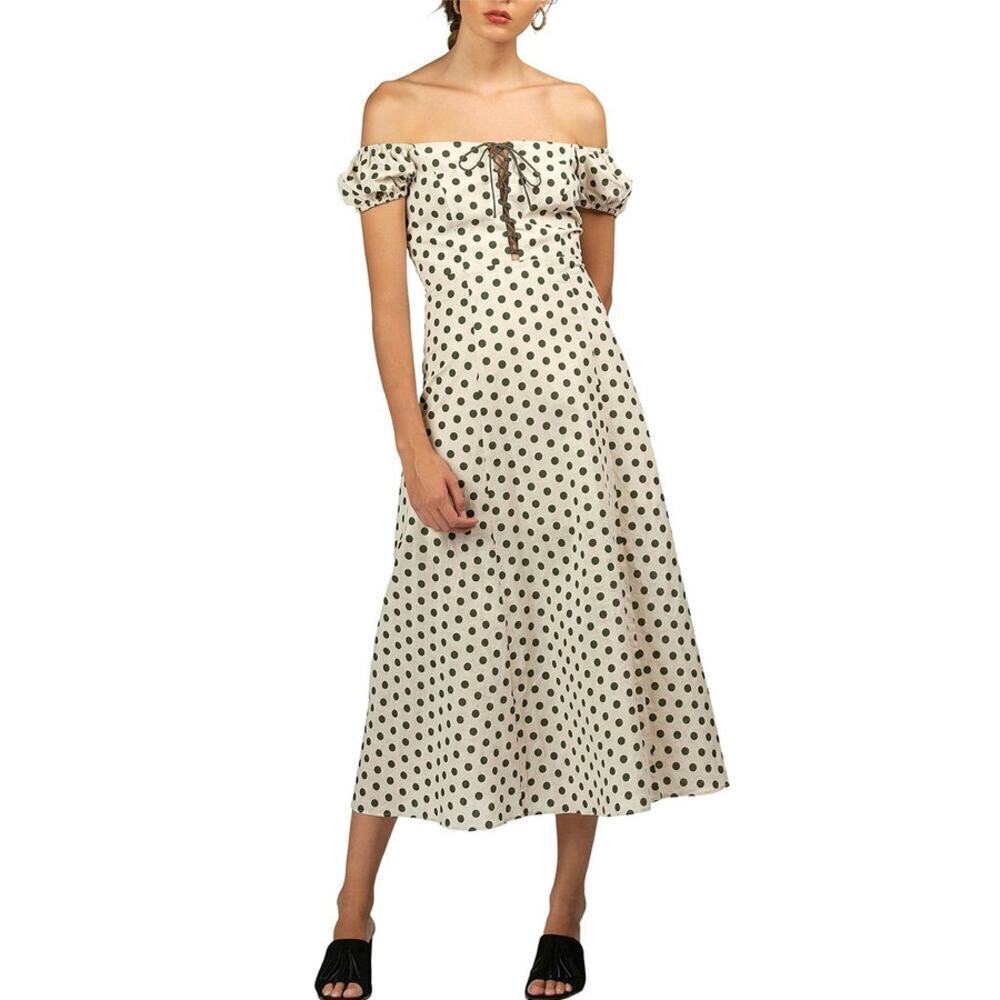 The Wolf Gang Feliz Lace Up Polka Dot Puff Sleeve Midi Dress